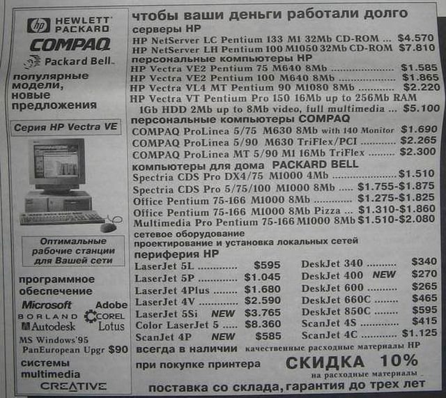 Цены и конфигурации компьютеров, 1996 год.
